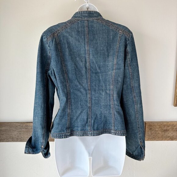 Tahari Denim Jacket Leopard Print interior Structured Nice! S - Picture 6 of 8